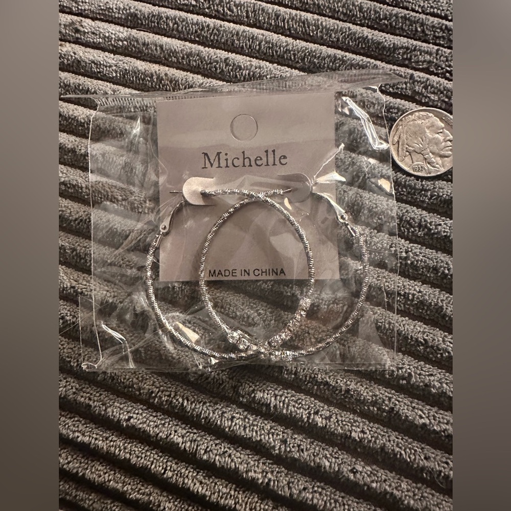 Large  Silver Tone Classic Hoop Earrings with Rhinestone Detail